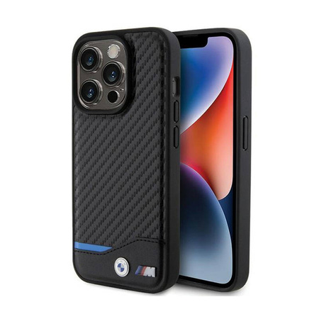 BMW Leather Carbon Blue Line - Etui iPhone 15 Pro (czarny) (BMHCP15L22NBCK)