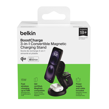 Belkin Ładowarka magnetyczna 3w1, składana, Qi2 15W, zasilacz 36W, czarna (WIZ034KQBK)