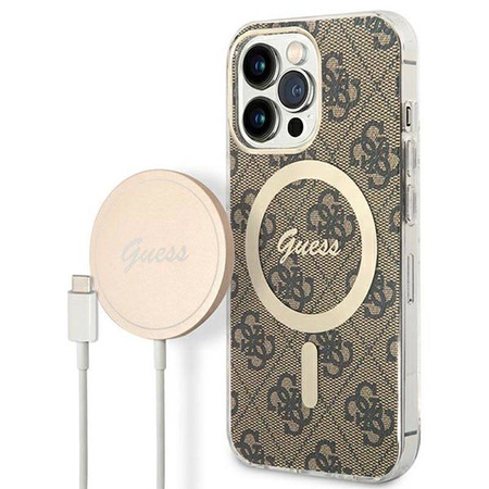 Guess Bundle Pack MagSafe 4G - Zestaw etui + ładowarka MagSafe iPhone 13 Pro (brązowy/złoty) (GUBPP13LH4EACSW)