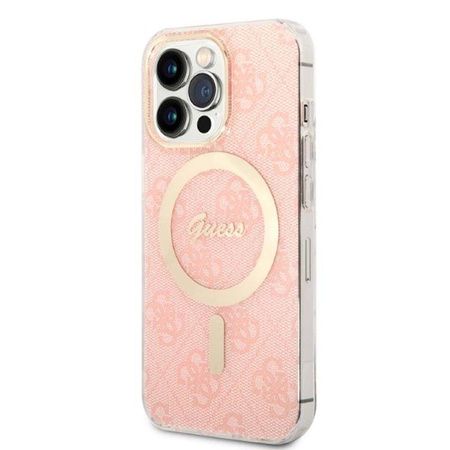 Guess Bundle Pack MagSafe 4G - Zestaw etui + ładowarka MagSafe iPhone 13 Pro (różowy/złoty) (GUBPP13LH4EACSP)
