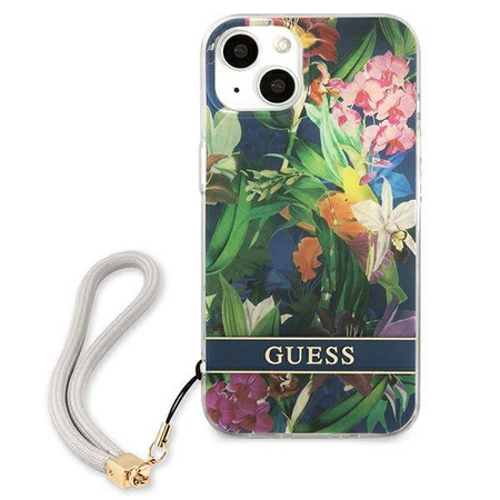 Guess Flower Cord - Etui ze smyczką iPhone 13 (Blue) (GUHCP13MHFLSB)