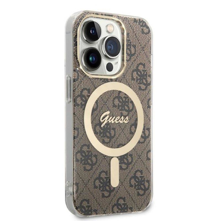 Guess Bundle Pack MagSafe 4G - Zestaw etui + ładowarka MagSafe iPhone 14 Pro Max (brązowy/złoty) (GUBPP14XH4EACSW)
