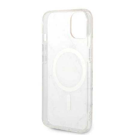 Guess Bundle Pack MagSafe IML Marble - Zestaw etui + ładowarka MagSafe iPhone 14 Plus (biały/złoty) (GUBPP14MHMEACSH)
