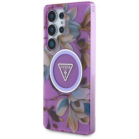 Guess Glitter Flowers Triangle Buttons MagSafe - Etui do Samsung Galaxy S25 Ultra (fioletowy) (GUHMS25LHFLPEDU)