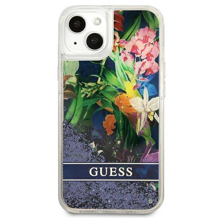 Guess Liquid Glitter Flower – Etui iPhone 13 mini (niebieski) (GUHCP13SLFLSB)