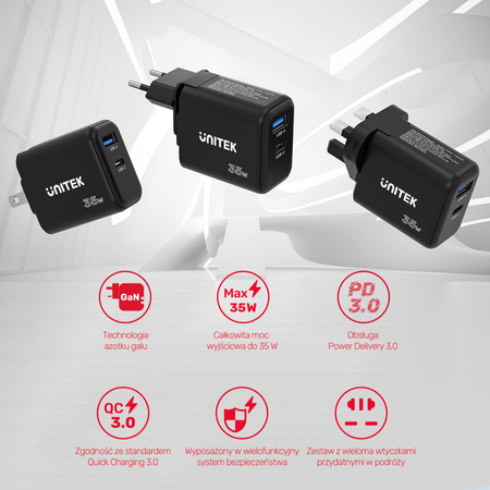 Unitek ładowarka GaN PD 35W USB-C + USB-A czarna (P1119A)