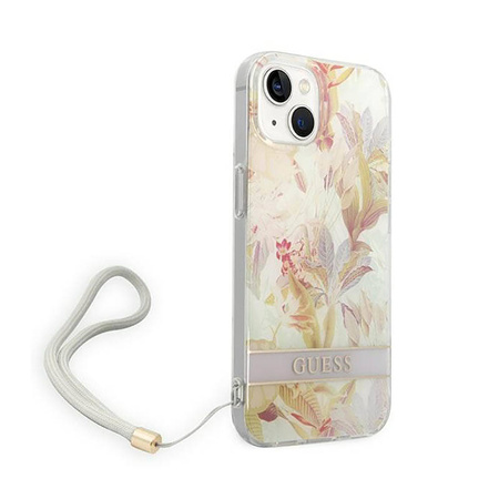 Guess Flower Cord - Etui ze smyczką iPhone 14 Plus (fioletowy) (GUOHCP14MHFLSU)
