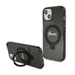 Guess Ring Stand Script Glitter MagSafe - Etui iPhone 15 Plus (czarny) (GUHMP15MHRSGSK)