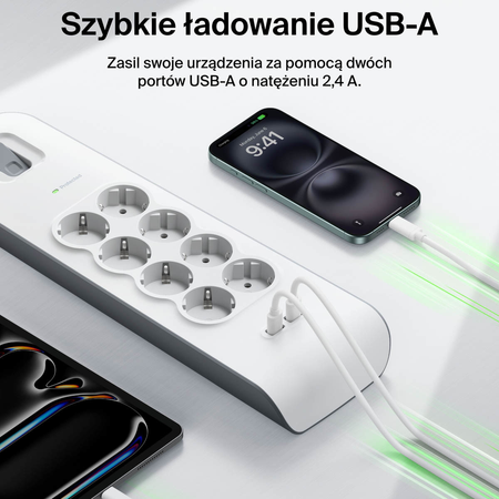 Belkin Listwa zasilająca przeciwprzepięciowa 900J, 8 gniazd Schuko, 2x USB-A, 2m (BSV804VF2M-V2)