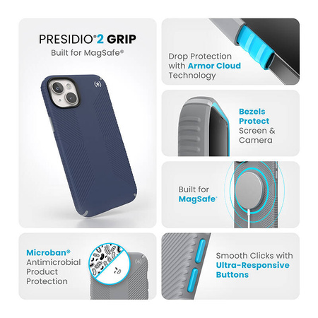 Speck Presidio2 Grip Magsafe - Etui iPhone 15 Plus / iPhone 14 Plus (Coastal Blue / Black / White) (150569-3206)