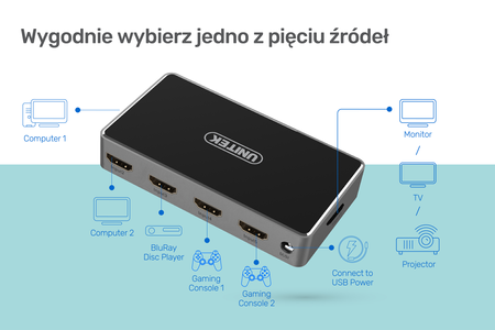 Unitek Przełącznik sygnału HDMI 1.4b, 5 IN - 1 OUT, 4K Czarny (V1110A)