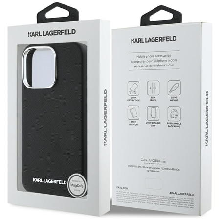 Karl Lagerfeld Saffiano Full Wrapped Elongated Metal Logo MagSafe - Etui do iPhone 16 Pro (czarny) (KLHMP16LPSAFWMCK)