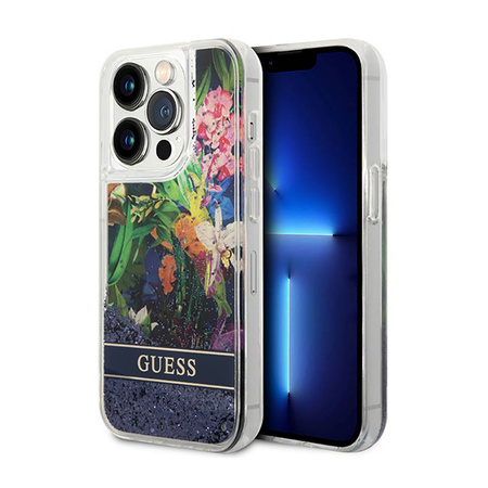 Guess Liquid Glitter Flower – Etui iPhone 14 Pro (niebieski) (GUHCP14LLFLSB)