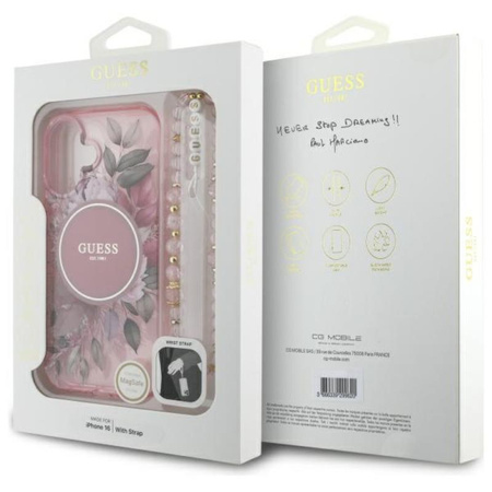 Guess IML Flowers With Pearl Strap MagSafe - Etui iPhone 16 (różowy) (GUHMP16SHFWBRCESP)