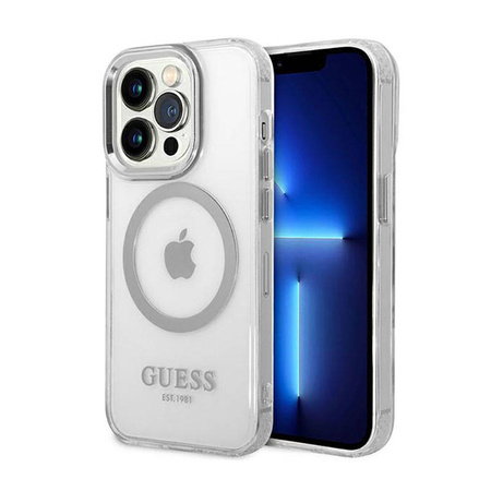 Guess Metal Outline MagSafe - Etui iPhone 14 Pro Max (przezroczysty / srebrny) (GUHMP14XHTRMS)