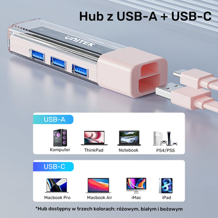 Unitek hub dwukierunkowy USB C/USB A 5Gbps, 4x USB A różowy (H1319APK01)