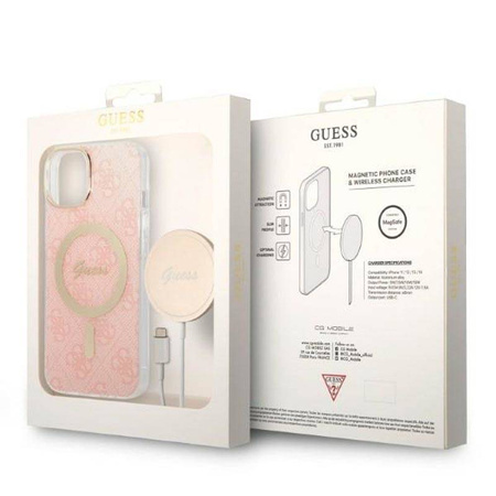 Guess Bundle Pack MagSafe 4G - Zestaw etui + ładowarka MagSafe iPhone 14 Plus (różowy/złoty) (GUBPP14MH4EACSP)