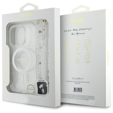 Guess IML Glitter With Pearl Strap MagSafe - Etui iPhone 16 Pro (przezroczysty) (GUHMP16LHGCRELST)