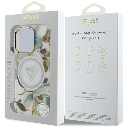 Guess Glitter Flowers Triangle Buttons MagSafe - Etui do iPhone 16 Pro (biały) (GUHMP16LHFLPEDH)