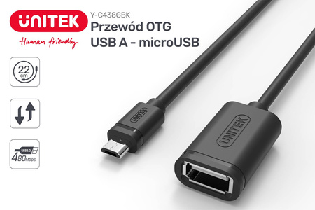Unitek Kabel Przejściówka OTG USB-A 2.0 AF do microUSB F/M 22cm czarny (Y-C438GBK)
