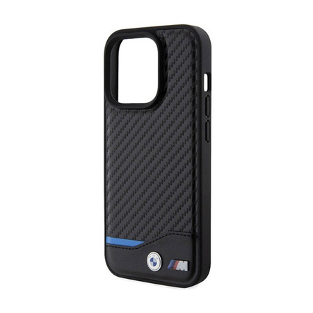 BMW Leather Carbon Blue Line MagSafe - Etui iPhone 15 Pro (czarny) (BMHMP15L22NBCK)