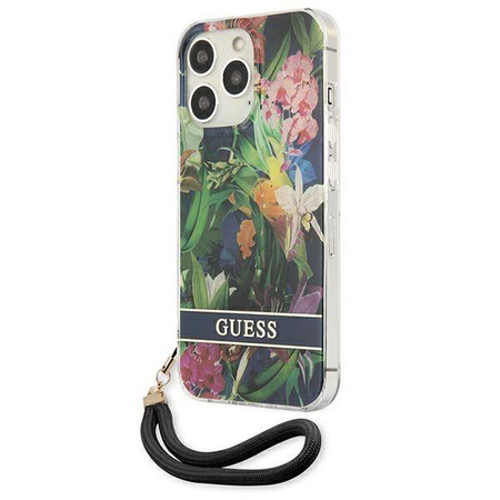 Guess Flower Cord - Etui ze smyczką iPhone 13 Pro Max (Blue) (GUHCP13XHFLSB)