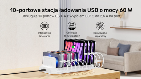 Unitek Stacja ładująca 10xUSB 2.4A 60W biała (Y-2190D01-EU)