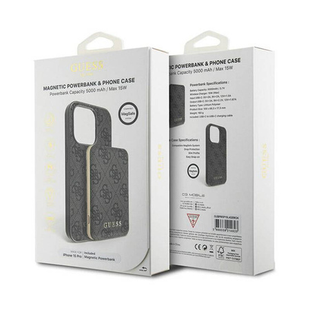 Guess Bundle Pack MagSafe 4G Metal Gold Logo - Zestaw etui + Power Bank 5000mAh MagSafe iPhone 15 Pro (czarny) (GUBPM5P15L4GEMGK)