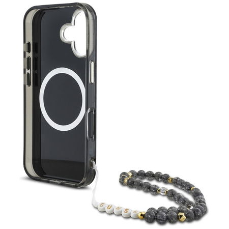 Guess Palm Trees Triangle Pearl Strap MagSafe - Etui do iPhone 16 (czarny) (GUHMP16SHPCTPLSK)