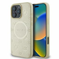 Guess Saffiano Peony Classic Logo MagSafe - Etui iPhone 16 Pro (złoty) (GUHMP16LPSAPSMED)