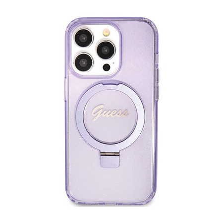 Guess Ring Stand Script Glitter MagSafe - Etui iPhone 15 Pro (fioletowy) (GUHMP15LHRSGSU)