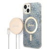 Guess Bundle Pack MagSafe 4G - Zestaw etui + ładowarka MagSafe iPhone 14 (niebieski/złoty) (GUBPP14SH4EACSB)