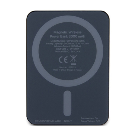 Guess 4G Strassed Metal Logo MagSafe - Power Bank indukcyjny 3000 mAh 5W MagSafe (czarny) (GUPBM3AL4DMK)