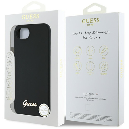 Guess Silicone Script Metal Logo MagSafe - Etui do iPhone 16e (czarny) (GUHMPSE4SMBSLK)