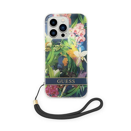 Guess Flower Cord - Etui ze smyczką iPhone 14 Pro Max (niebieski) (GUOHCP14XHFLSB)