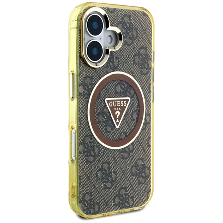 Guess IML Metal Glitter 4G Circle Triangle MagSafe - Etui do iPhone 16 (brązowy) (GUHMP16SHG4PRTGW)