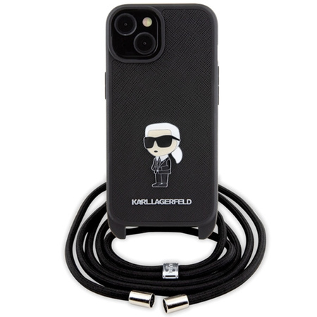 Karl Lagerfeld Crossbody Saffiano Monogram Ikonik Metal Pin - Etui iPhone 15 (czarny) (KLHCP15SSASKNPSK)