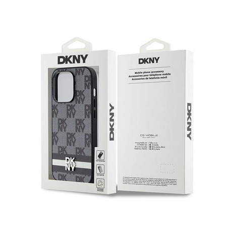 DKNY Leather Checkered Mono Pattern & Printed Stripes - Etui iPhone 14 Pro (czarny) (DKHCP14LPCPTSSK)