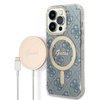 Guess Bundle Pack MagSafe 4G - Zestaw etui + ładowarka MagSafe iPhone 14 Pro (niebieski/złoty) (GUBPP14LH4EACSB)