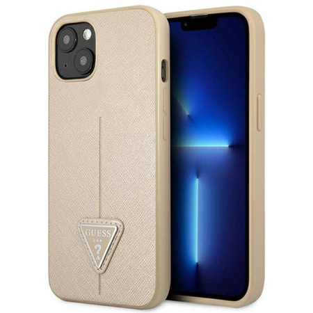 Guess Saffiano Triangle Logo Case - Etui iPhone 14 Plus (beżowy) (GUHCP14MPSATLE)