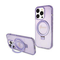 Guess Ring Stand Script Glitter MagSafe - Etui iPhone 15 Pro Max (fioletowy) (GUHMP15XHRSGSU)