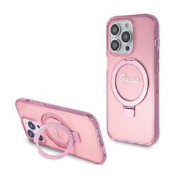 Guess Ring Stand Script Glitter MagSafe - Etui iPhone 15 Pro (różowy) (GUHMP15LHRSGSP)