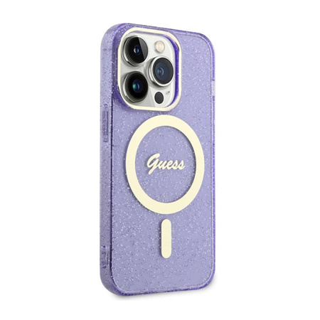 Guess Glitter Gold MagSafe - Etui iPhone 14 Pro (Purpurowy) (GUHMP14LHCMCGU)