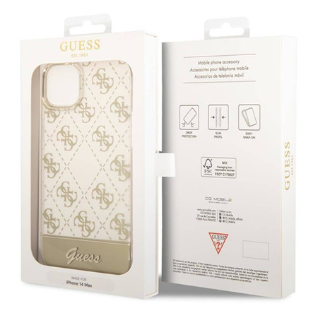 Guess 4G Stripe Script Logo Electroplated Pattern – Etui iPhone 14 Plus (złoty) (GUHCP14MHG4MHG)