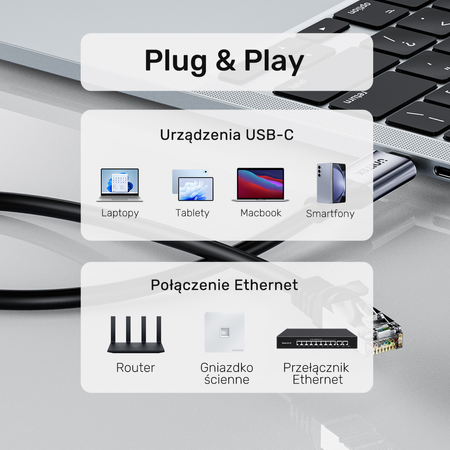 Unitek Kabel Ethernet USB C RJ-45 LAN, przewód sieciowy, 1m (C18148AGY01-1M)