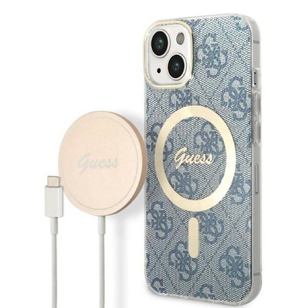 Guess Bundle Pack MagSafe 4G - Zestaw etui + ładowarka MagSafe iPhone 14 (niebieski/złoty) (GUBPP14SH4EACSB)