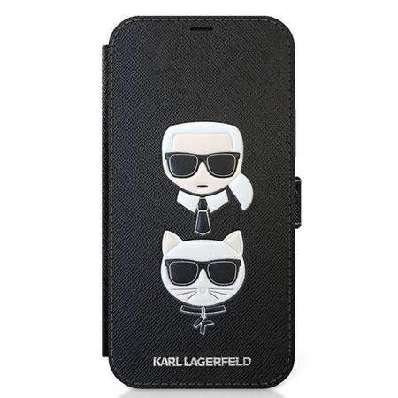 Karl Lagerfeld Booktype Saffiano Karl & Choupette Heads – Etui iPhone 12 mini (czarny) (KLFLBKP12SSAKICKCBK)