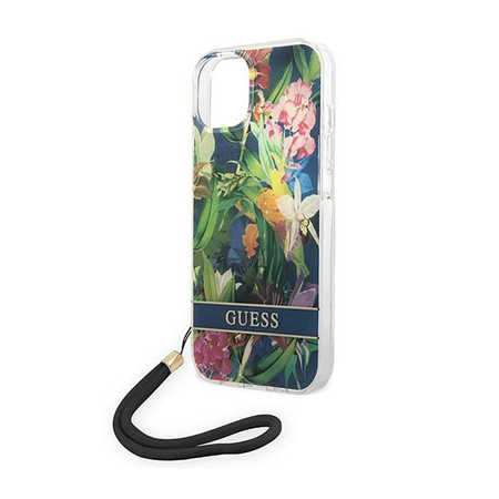 Guess Flower Cord - Etui ze smyczką iPhone 14 (niebieski) (GUOHCP14SHFLSB)