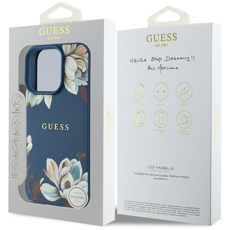 Guess Grained Printed Flower Pattern MagSafe - Etui do iPhone 16 Pro Max (niebieski) (GUHMP16XPGNMPLMB)