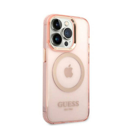 Guess Gold Outline Translucent MagSafe - Etui iPhone 14 Pro (różowy) (GUHMP14LHTCMP)